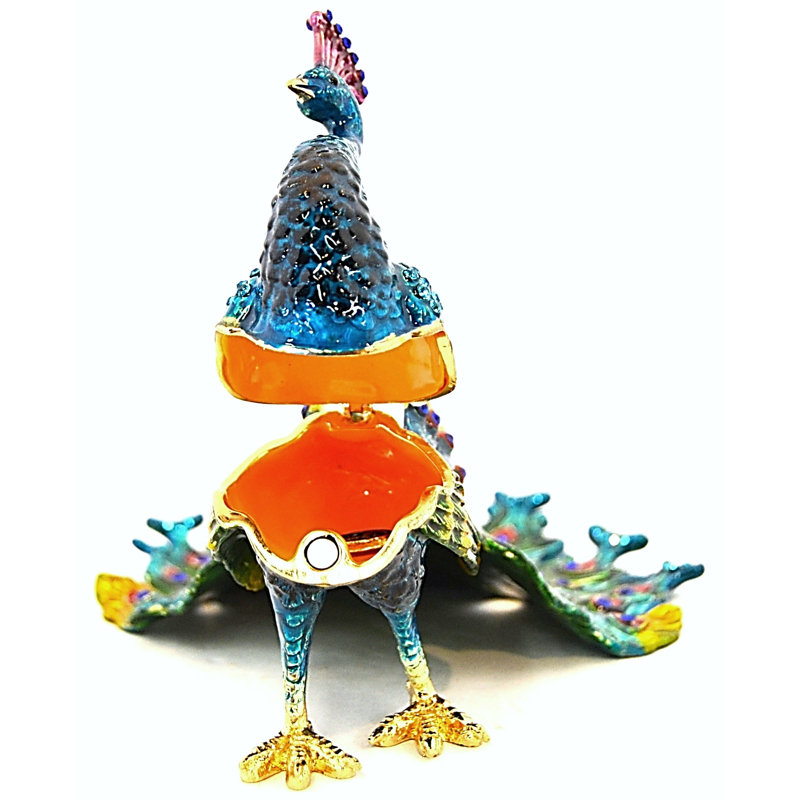Long Peacock Trinket Box with Austrian Crystals & Enamel 