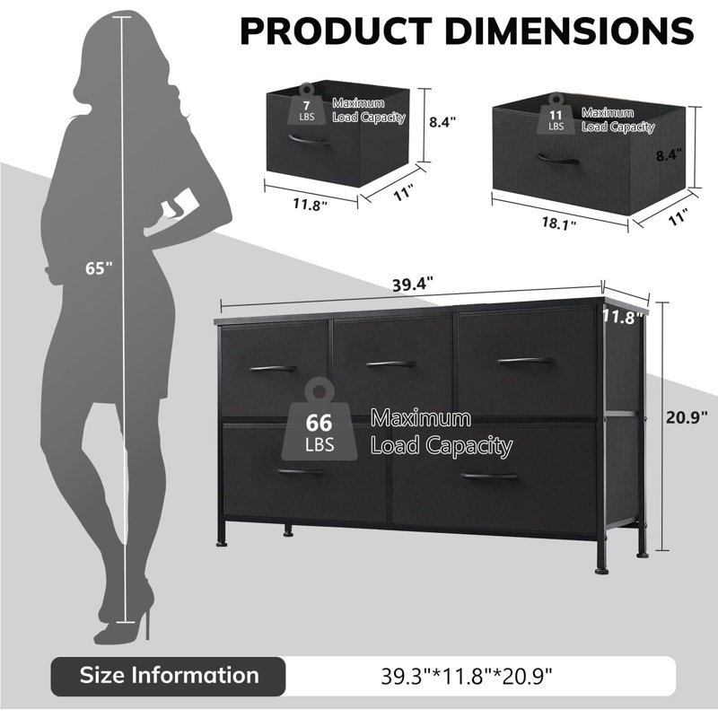 Kuth Dresser For Bedroom, 5 Storage Drawers, Wide Closet Chests Organizer Tower Furniture With Top Metal Frame For Clothes, Kids Room, Living Room, Hallway, Entryway