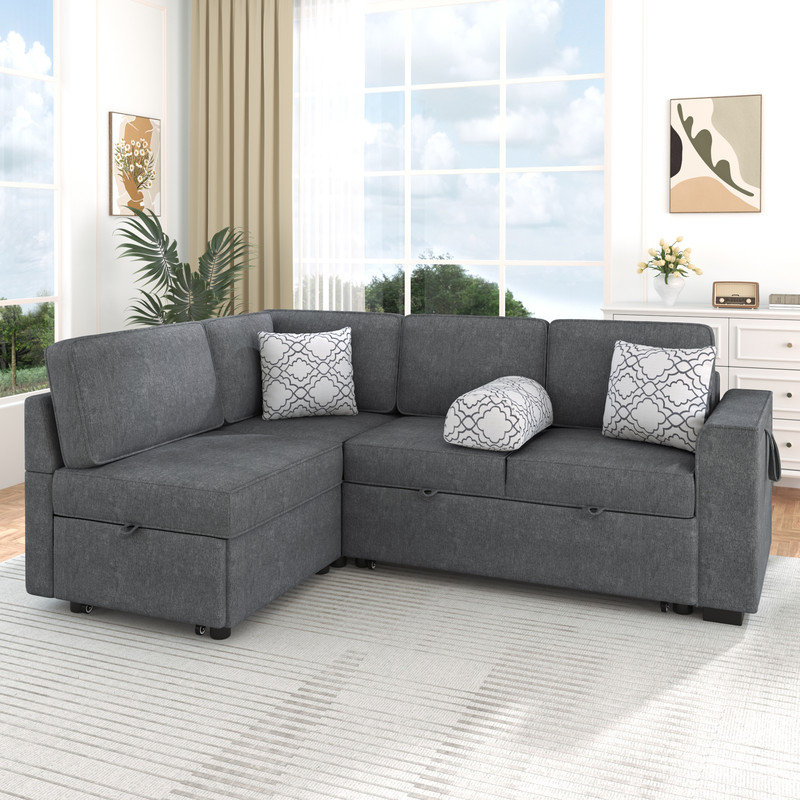 84"W 3-Piece Pull-Out Sectional Sofa Bed, Dark Gray Chenille