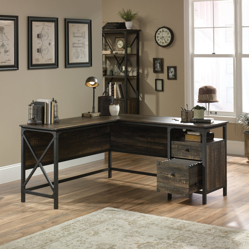 L-Shaped Metal Base Executive Desk, Carbon Oak
