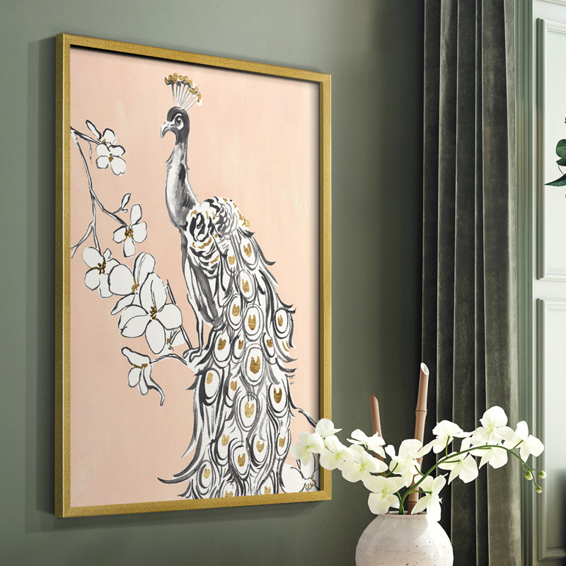 «Peacock in Gold II», reproduction encadrée - bois massif, Cadre doré simple, H 14 po x l 11 po