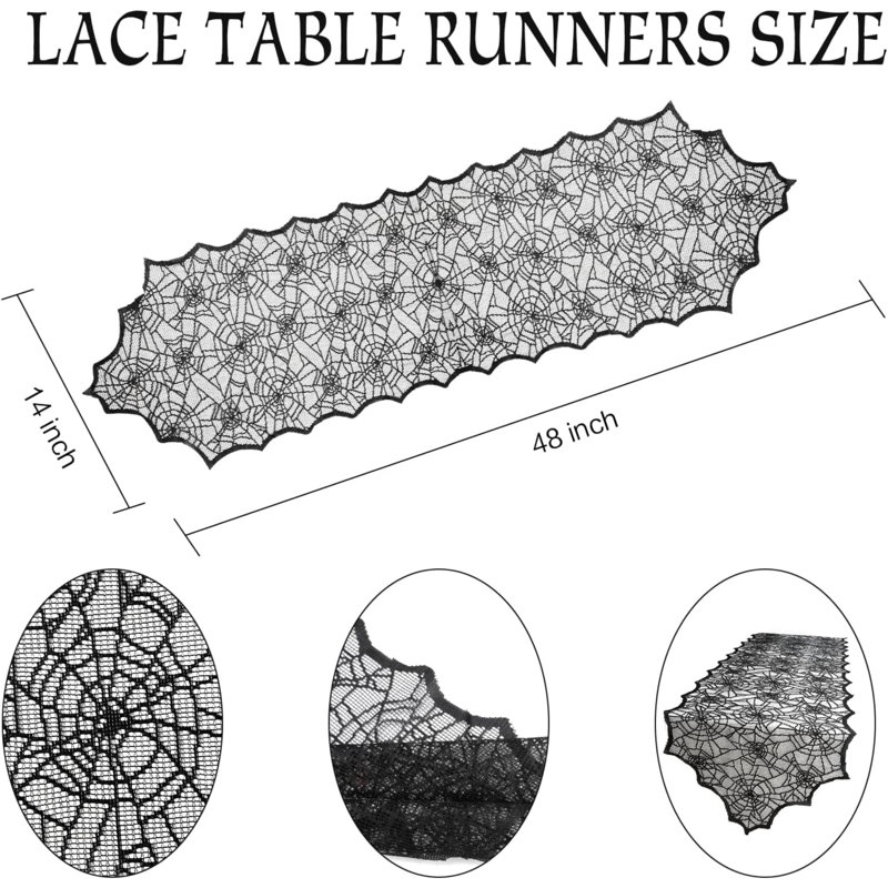 Chemin de table d'Halloween, chemin de table en dentelle noire, chemin de table toile d'araignée 14 po x 48 po, décoration de table d'Halloween, chemin de table en dentelle de polyester, décoration de table d'Halloween pour les fêtes