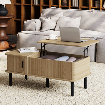 39" Lift Top Coffee Table, Fluted Modern Rectangle Center Table With Hidden Storage Space, Wood Living Room End Table With Sliding Door, For Home Office, Small Space