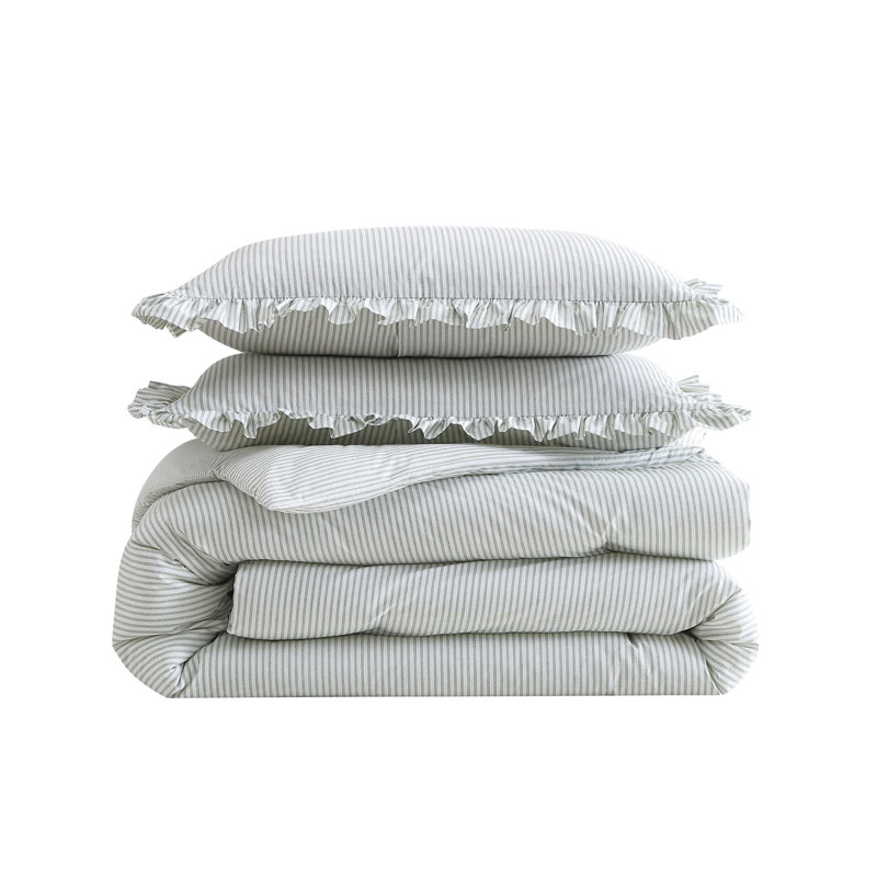 Laura Ashley Oxford Stripe Cotton Reversible Green Comforter Set, Queen Comforter + 2 Standard Shams