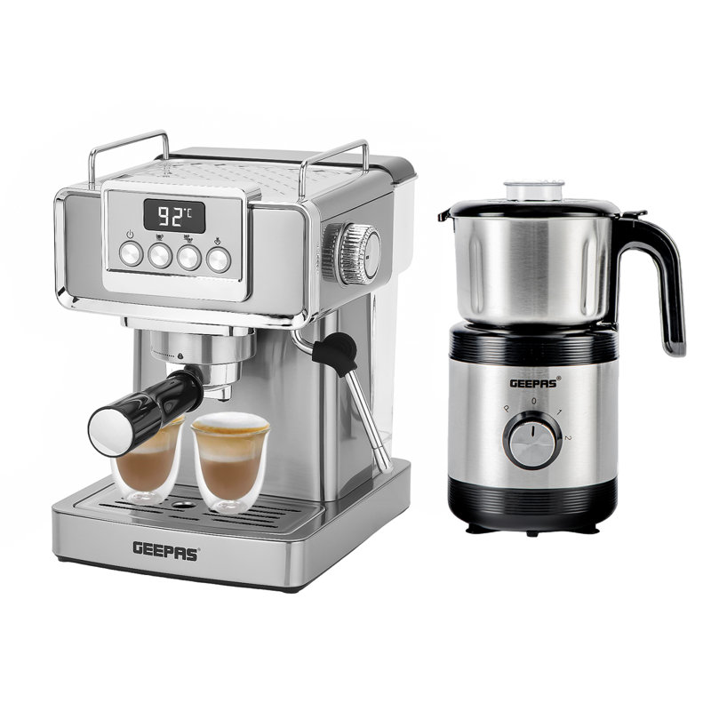 Geepas 1465W Espresso Coffee Machine & 450W Coffee Grinder Combo Set -Milk Frother - 800ML Capacity, 2 Speed Pulse