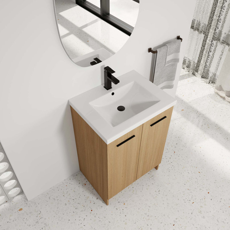 Meuble-lavabo autoportant élégant avec lavabo en résine intégré et double rangement