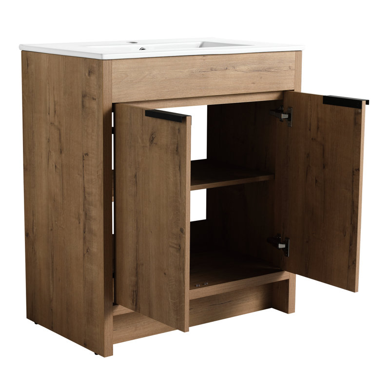 Meuble-lavabo autoportant pour salle de bain - Porte en contreplaqué à fermeture en douceur imitation chêne Bvb02430imo