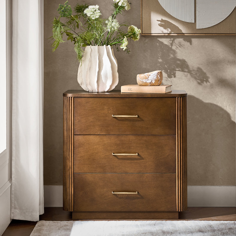 Graciana Modern 26"Wide 3-Drawer Curved Fluted End Table with Charging Station and Simple Assembly, Walnut