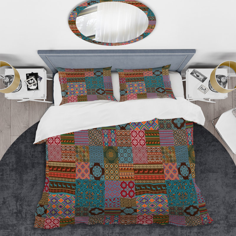Multicolor Ethnic Patchwork - Abstract Duvet Cover Set - Microfiber Polyester, King Duvet Cover + 2 King Shams