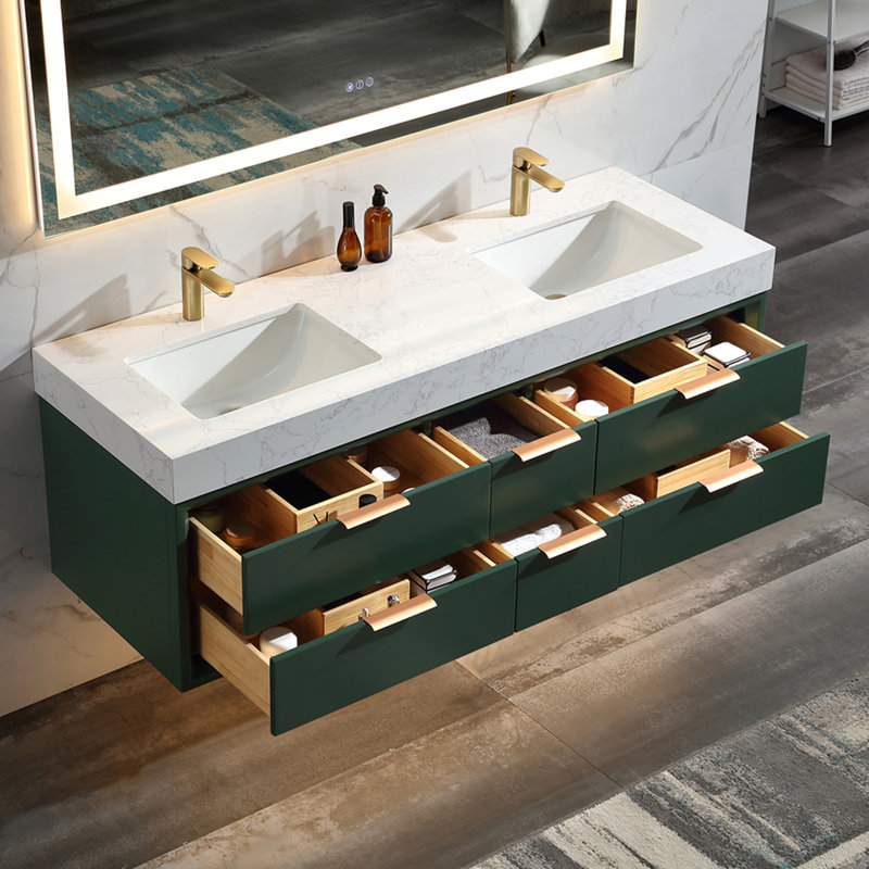 Solid wood 60'' Modern Wall Mounted Double Bathroom Vanity with Engineered Stone Top and Light, Green
