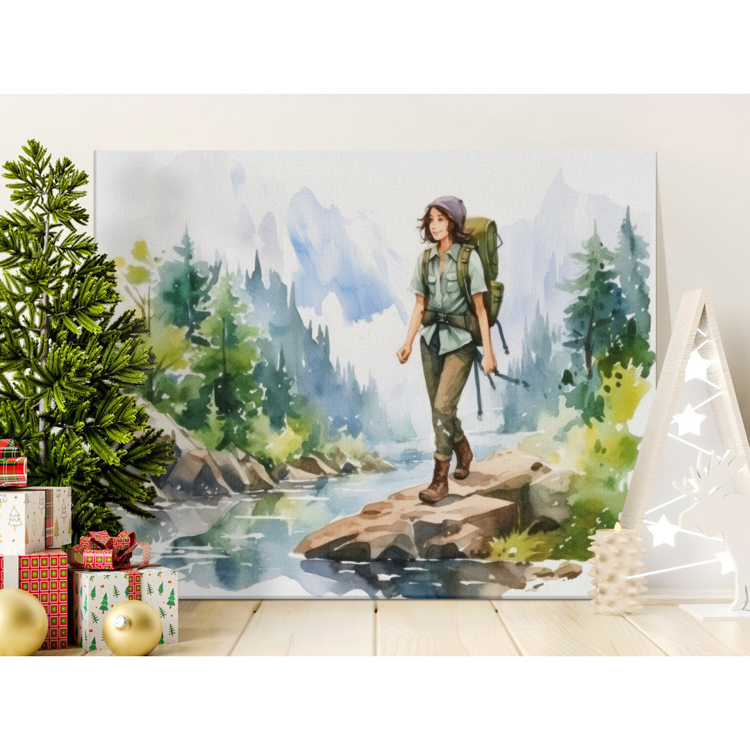 Watercolor Hiker Forest Landscape Canvas Print