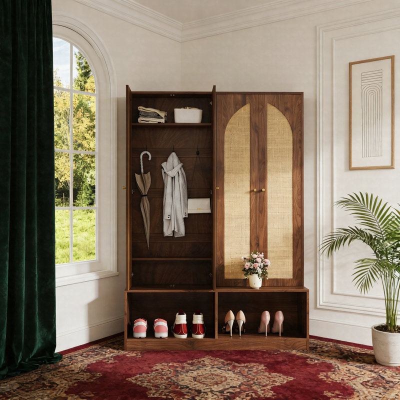 Farmhouse Hall Tree With Rattan Doors, 4-In-1 Entryway Bench With 6 Hooks, Mid-Century Shoe Cabinet With Adjustable Shelves