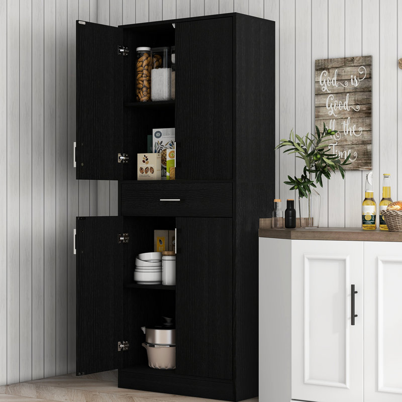 71" Kitchen Pantry Cabinet With Drawer And Adjustable Shelf, Freestanding Tall Storage Cabinet With 2 Double Door Cupboards, Distressed Black