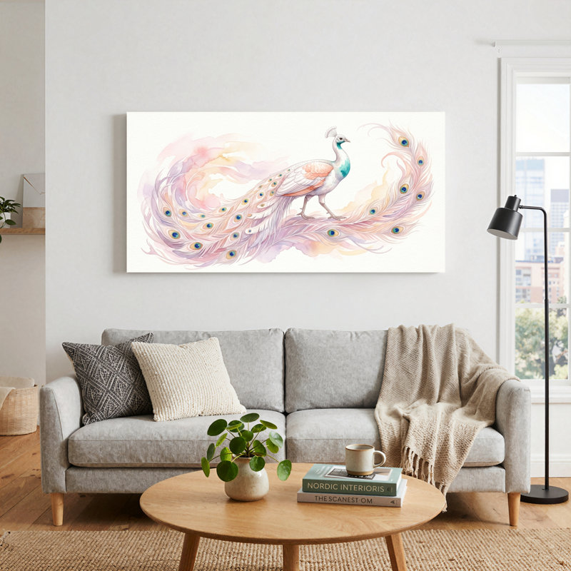 Ensemble de 1 tableau sur toile à motif de plumes de paon, 46“W x 24”H, Wrapped Canvas