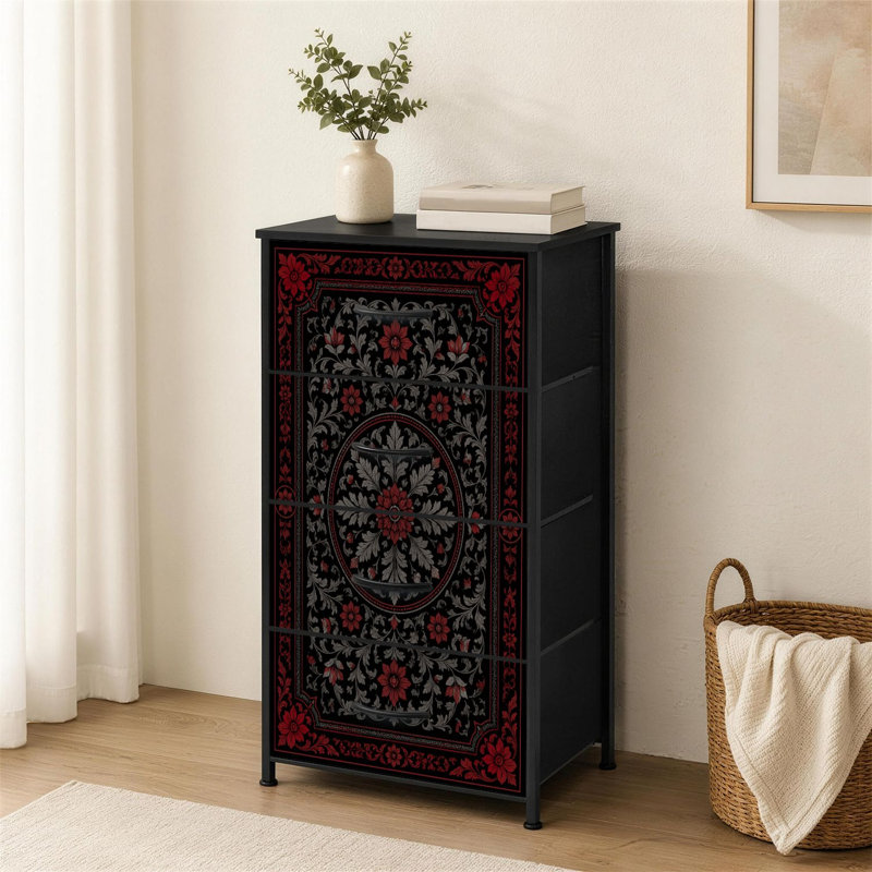 Commode à 4 tiroirs pour chambre à coucher ornée de motifs floraux rouges et noirs à motif rétro de petite taille pour commode de rangement avec commode