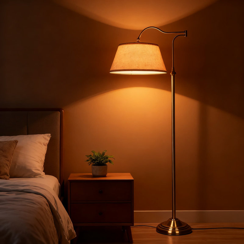 Swing Arm Floor Lamp With 180° Adjustable Cantilever And Beige Linen Shade, Mid-Century Modern Floor Lamp For Living Room, Bedroom, Office, Study, And Nursery