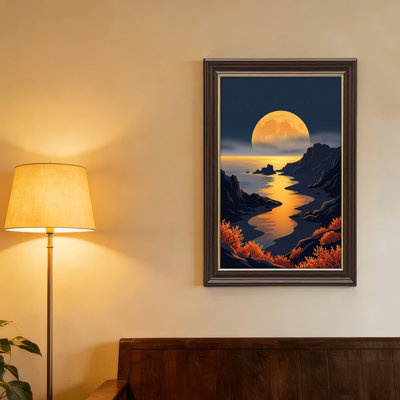 Art mural antique sur toile encadré doré pour le salon, la chambre à coucher, le bureau ou le vestibule - décoration murale décorative avec paysage au clair de lune