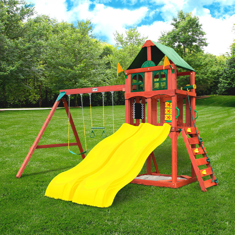 Sweetwater Cedar Wooden Playset with Dual Yellow Slides and Swings