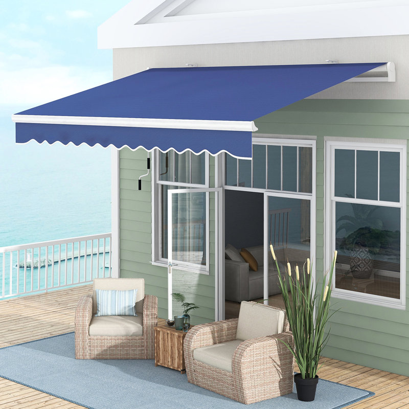13' X 8' Yard Awning - Dark Blue. & Water-. Manual Operating Crank. Aluminum Frame. Multi-surface Compatibility. Heat Reducing. For Yard, Deck, Balcony. Versatile Installation Option. Outdoor Strong