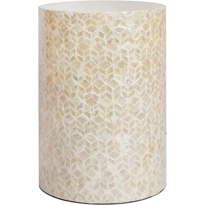 Shell Cylinder Drum End Table Nacre Side Table Stool Round Drum Accent Coffee Bedside Nightstand And Vanity Stool (White Cream)