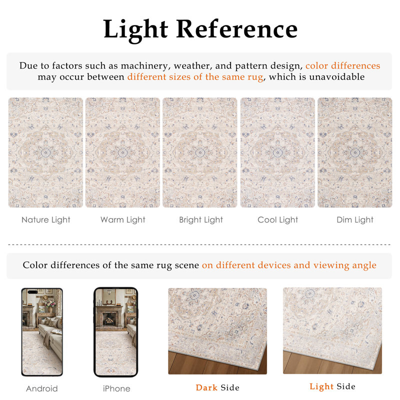 Tapis persan rétro Velora avec lavable à la machine et antidérapant, Beige, Rectangle 3 pi x 5 pi