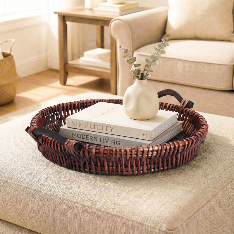 Handwoven Willow Round Ottoman Tray with Wooden Base and Handles, 20", Honey Brown