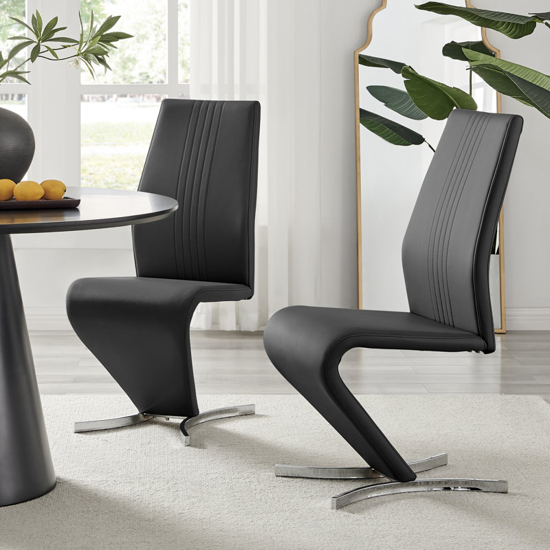 Bauko Faux Leather Chrome Legs Dining Chairs Z-Shaped Chrome Feet Modern Design, Black
