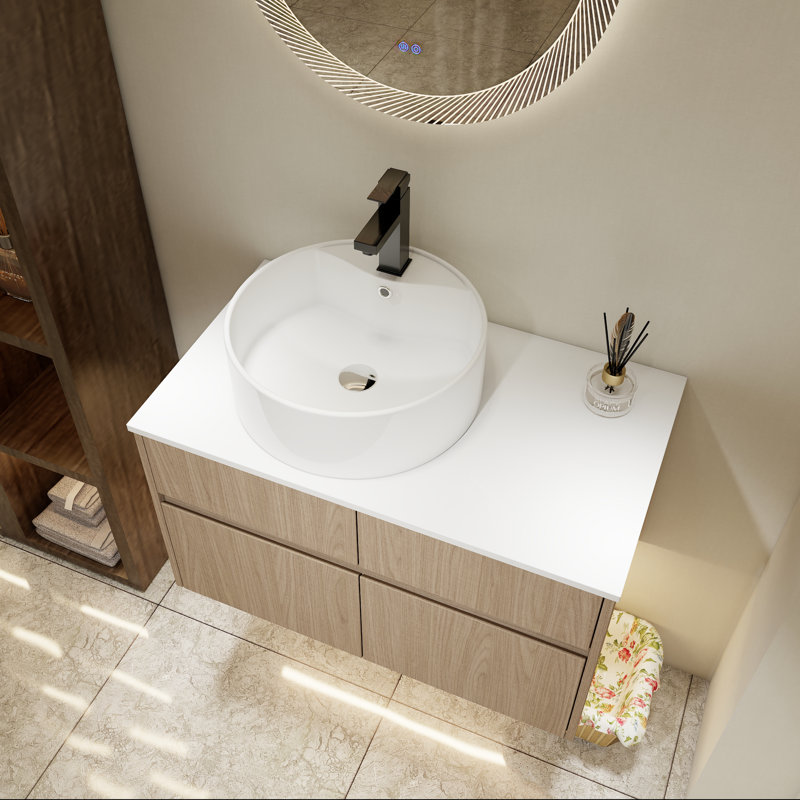 32" Wall-Mounted Bathroom Vanity with Ceramic Sink and Soft-Close Doors, Smoked Walnut