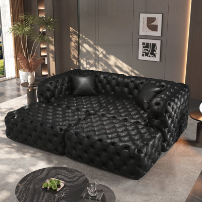 Modern Faux Leather Upholstered Modular 2-Seater Sectional Sofa with Handmade Button Tufting, 2 Ottomans & 2 Pillows for Versatile Living Room Arrangements