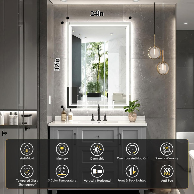 Chrisna UL Certified LED Bathroom Vanity Mirror, Front & Backlit, Anti-Fog Tempered Glass with 3-Year Warranty, 32"×24"