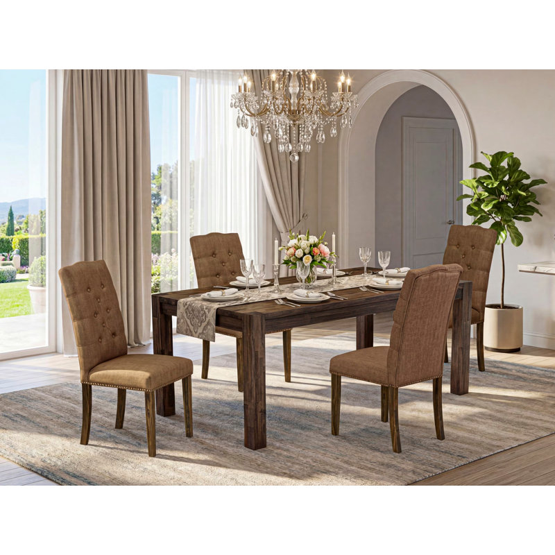 5 Piece Dining Table Set for 4 Includes a Rectangle Rustic Wood Dinner Table and 4 Brown Linen Fabric Upholstered Chairs, Distressed Jacobean