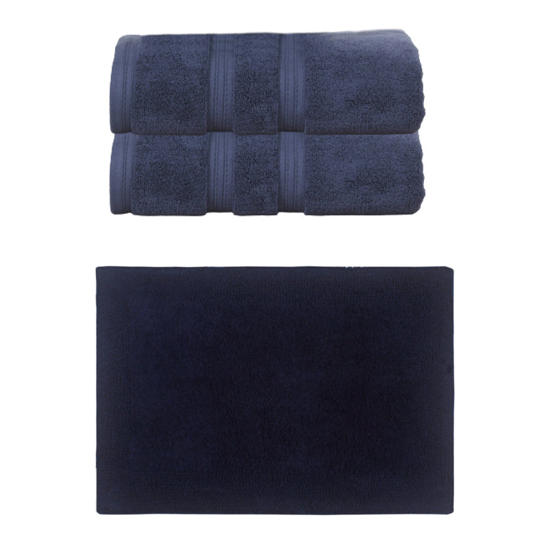 Buariki Collection 100% Soft Cotton Bath Towel Set & 1 Pc Bath Rug, Reversible, Navy Blue