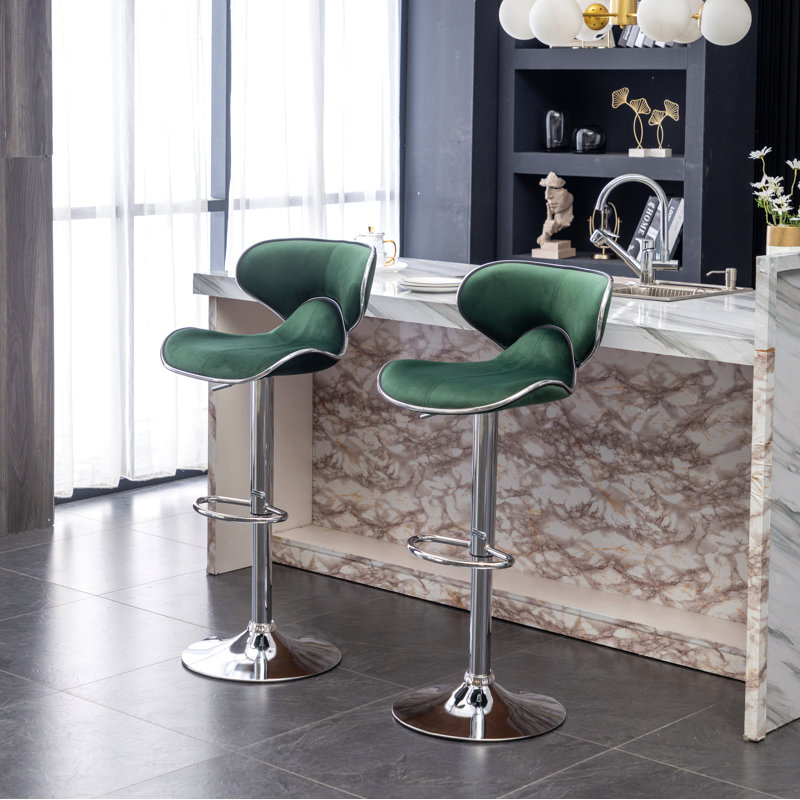 Masaccio Velvet Upholstered Adjustable Swivel Barstool, Set Of 2, Green