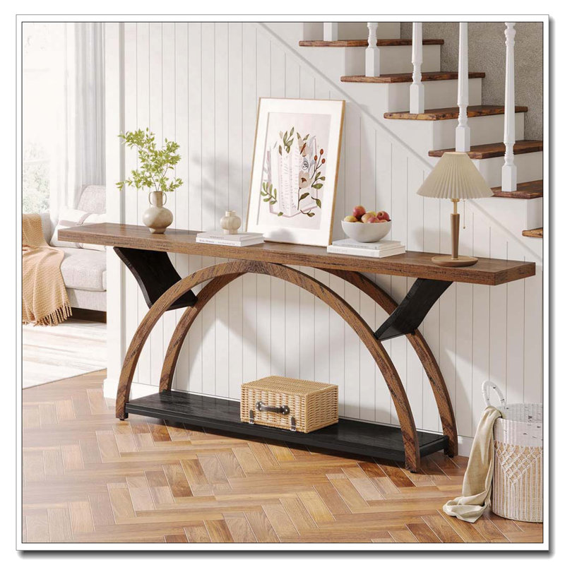 Rustic Two-Tier Console Table with Half Moon Frame Storage Shelf
