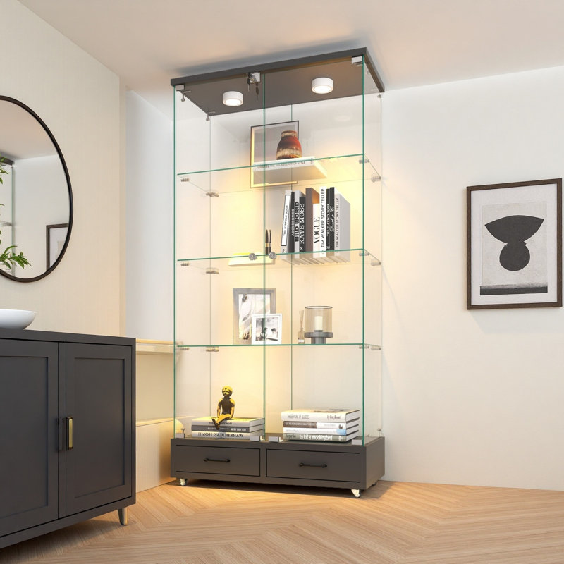 Vitrine noire moderne en verre avec tiroirs, lumières DEL et tablettes - 2 portes de rangement pour le salon, la chambre à coucher