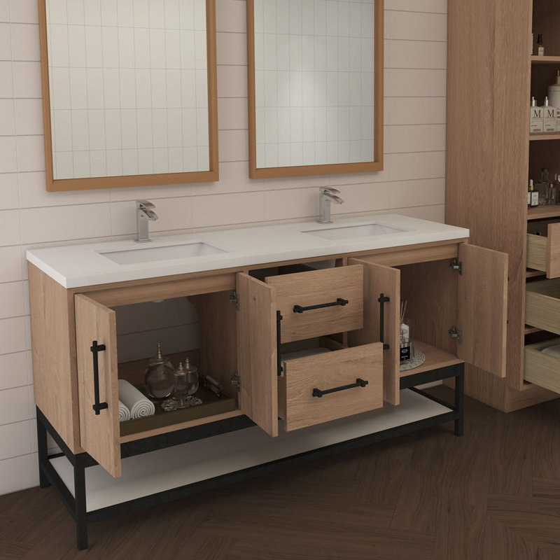 Victoria 60'' Wall-Mounted Vanity with Double Reinforced Acrylic Sink & Rack, Red Oak