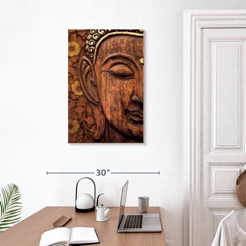 Tête de Bouddha sculptée, reproduction sur toile, H 30 po x l 20 po x P 1,25 po