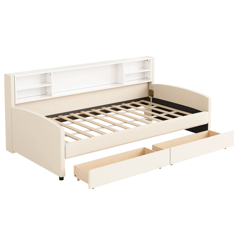 Lit simple tapissier beige avec rangement de tiroir et tablette latérale - Spacieux, fonctionnel avec revêtement en velours de tiroirs, tête de lit confortable, spacieux pour l'organisation des essentiels