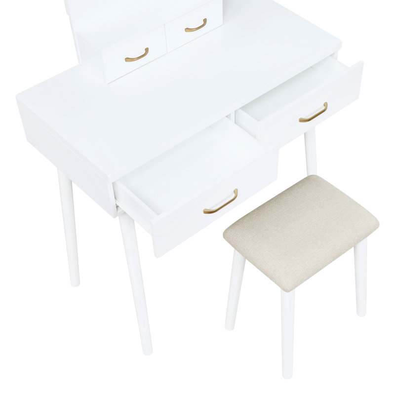 Meuble-lavabo moderne blanc avec 4 tiroirs, miroir à DEL Smart Touch et tabouret rembourré pour la chambre à coucher Mobilier de luxe: miroir de finition, décor de tiroirs
