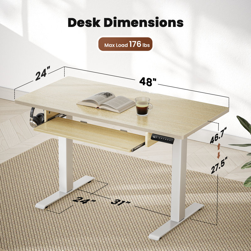 Bureau de travail électrique à hauteur ajustable avec plateau pour clavier Lilja, Beige, H 27,5 po x l 48 po x P 24 po