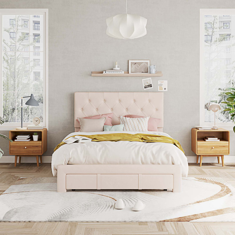 Lit plateforme avec rangement et velours, Double, Beige