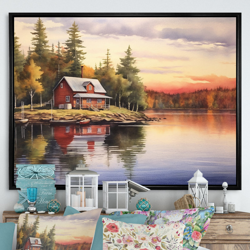 Cottage caché sur toile, H 16 po x l 32 po x P 1 po, Cadre flottant noir