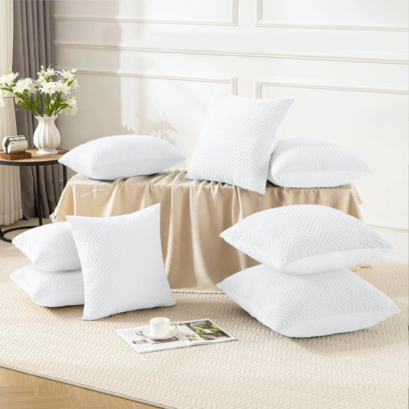 Embossed Quilted Chevron Decorative Cushion Cases - Set of 4 Modern Couch & Bed Décor Velvet Throw Pillow Covers , White