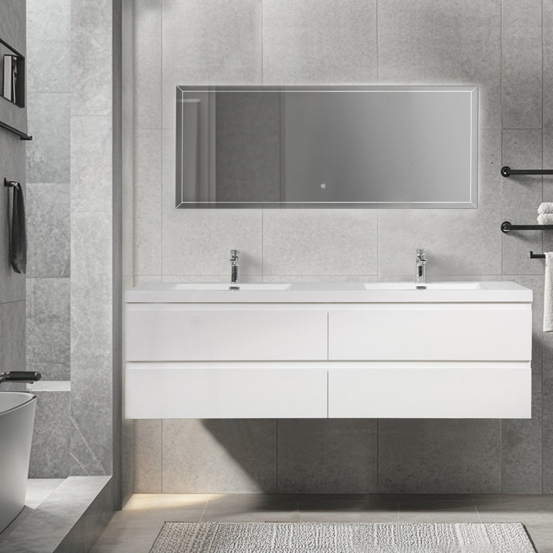 Meuble-lavabo flottant mural 72 po blanc brillant avec double comptoir blanc, Blanc