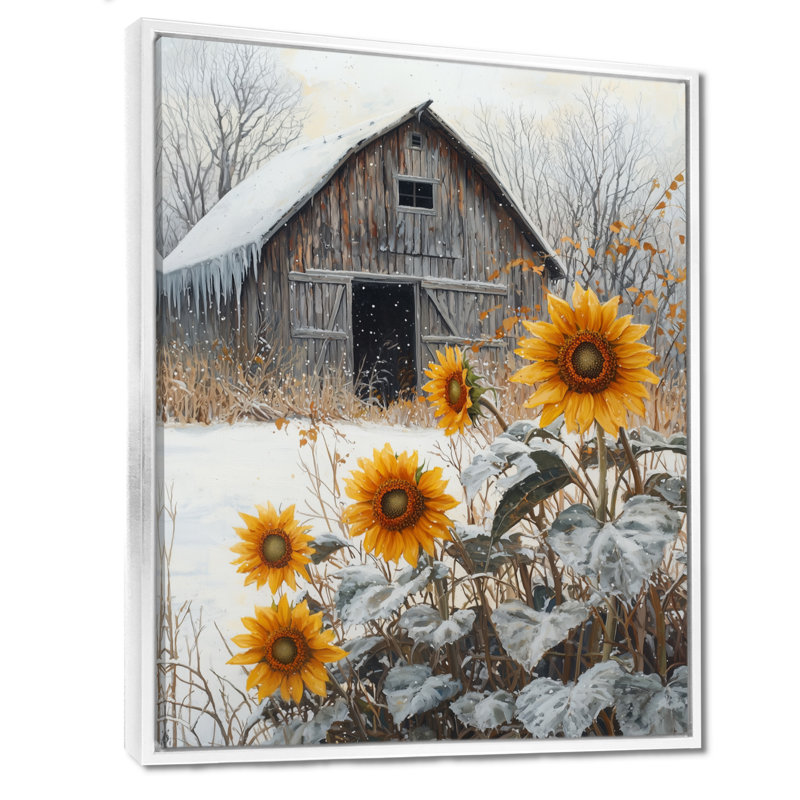 «Ditlef Winter Sunflowers By The Ice Covered Barn II», reproduction d'art sur toile encadrée, H 44 po x l 34 po, Blanc