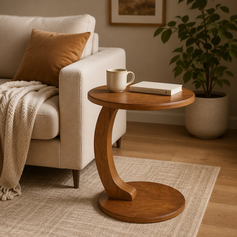Table de bout vintage rétro en forme de C avec placage en bois pour le rangement du canapé et le petit espace