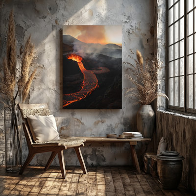 Canvas A Dramatic Volcanic Landscape At Dusk Showcasing A Glowing Lava Wall Art Lake Within A Rugged Caldera With Molten Lava Bubbling Canvas Wall Art