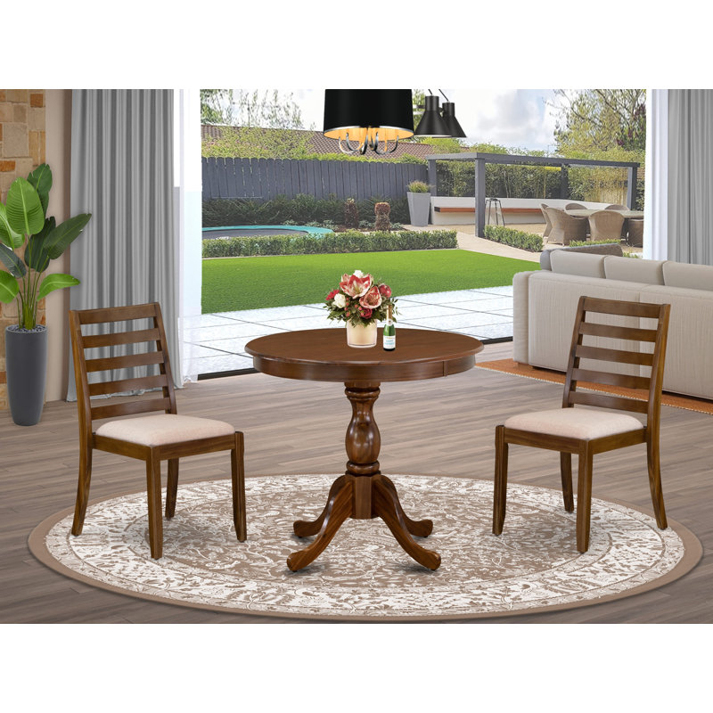 L'ensemble de salle à manger E5FF117813BF446181AB8176E8FE38AA-3 pièces comprend une table ronde et 2 chaises empilables en tissu de lin