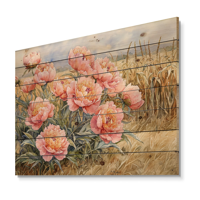 Paysage de pivoines le long du champ de maïs I - Art mural en bois pivoines - sur bois de pin naturel