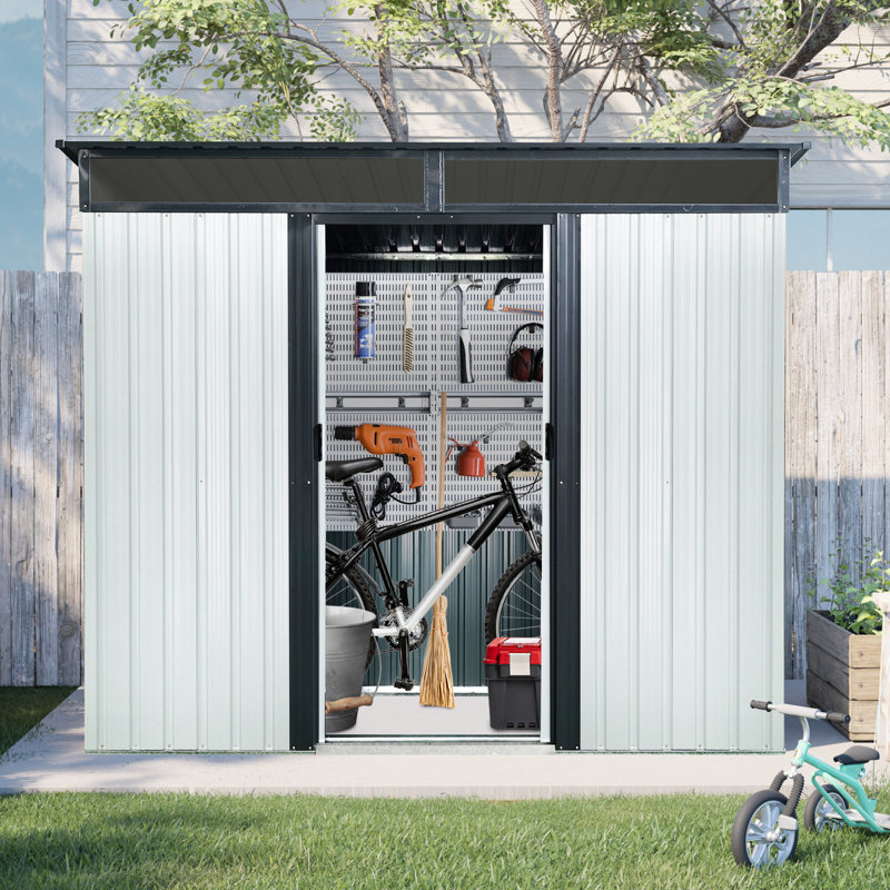 Spacious Metal Outdoor Shed For Garden Tools - With Gloves Easy To Assemble, 77.28" H x 91.29" W x 66.55" D, White/Black
